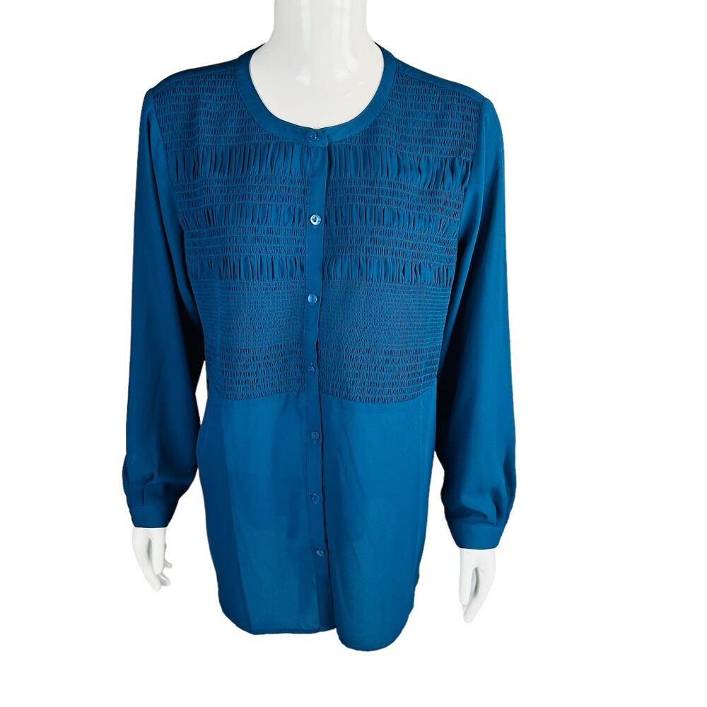 Joan‎ Rivers Womans Sz Medium Blouse Long Sleeve Button Texture Tunic Blue Green